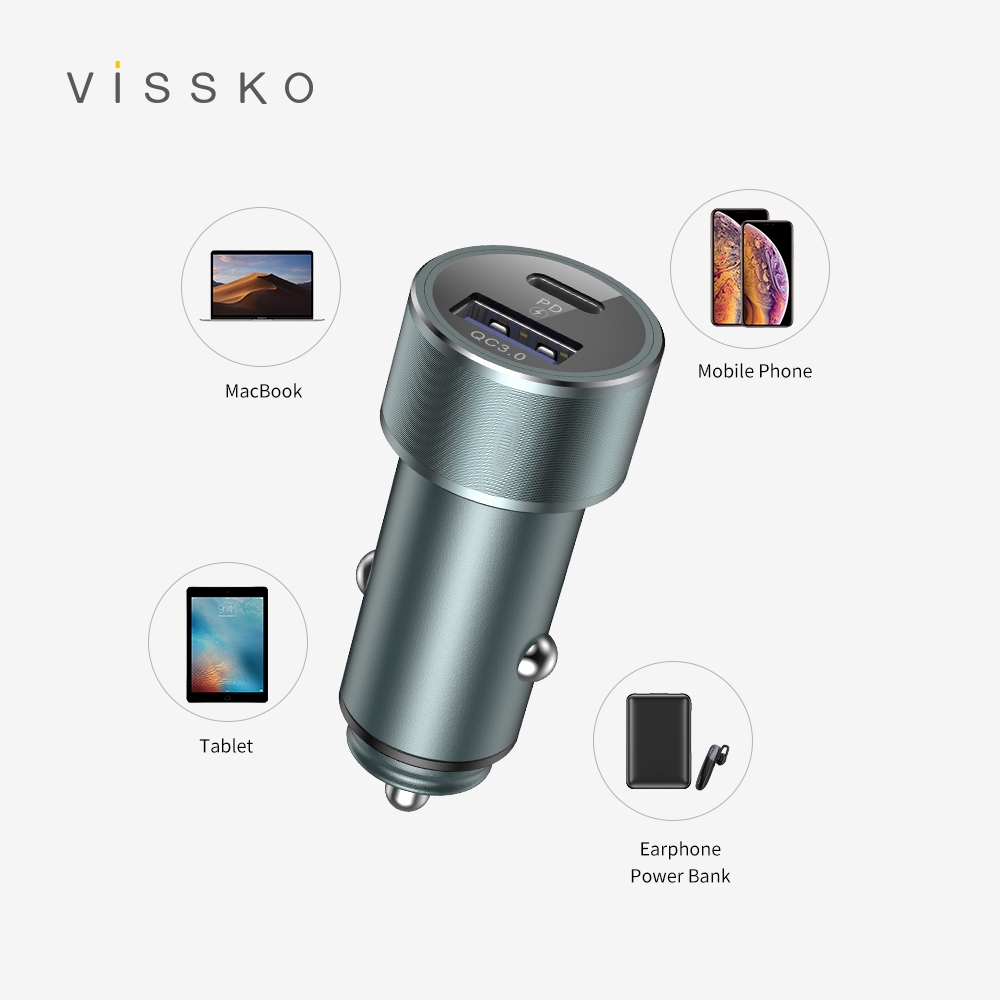 Vissko Car Charger 6A/36W for Dual Ports Type C+USB Support QC3.0+PD Fast Charging