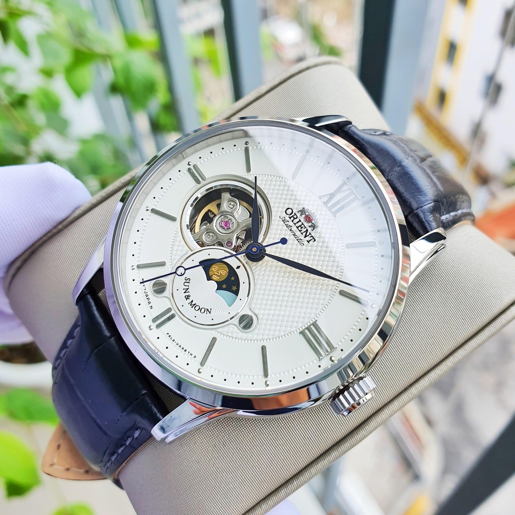 Đồng hồ Nam Orient Sun Moon Gen 4 Hở tim RA-AS0005S10B Automatic Size 42mm,Mặt trắng-Máy cơ tự động-Dây da đen cao cấp