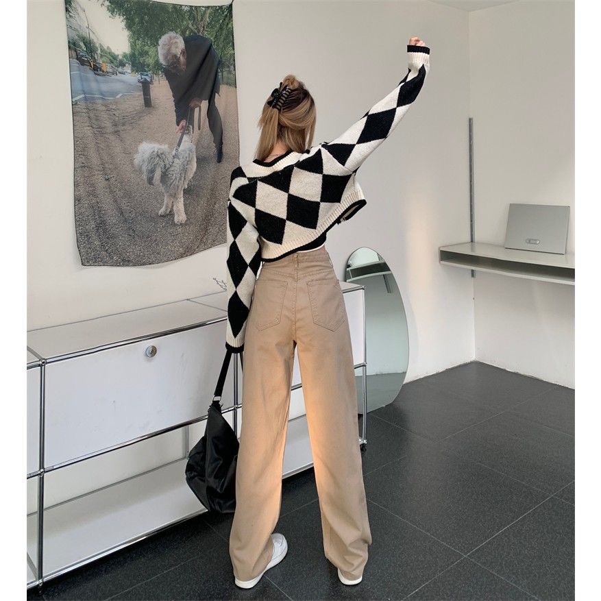 Quần jean nữ màu nâu sữa lưng cạp cao ống suông dài phom rộng chất đẹp loại 1 phong cách Ulzzang đi học đi làm đi chơi | BigBuy360 - bigbuy360.vn