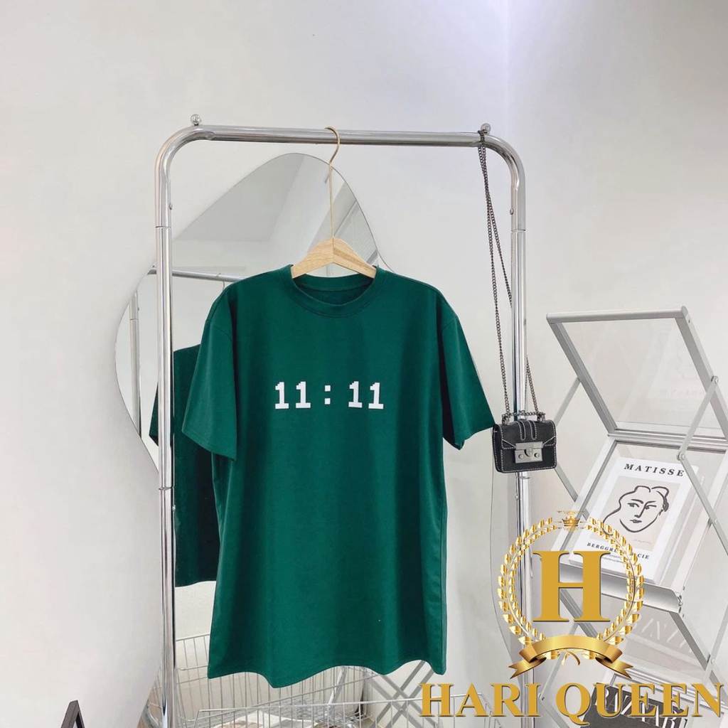 Áo phông nam nữ dáng rộng họa tiết số 11:11 ép nổi xanh két HARIQUEEN - Áo thun tay lỡ oversize dấu quần mặc được 4 mùa