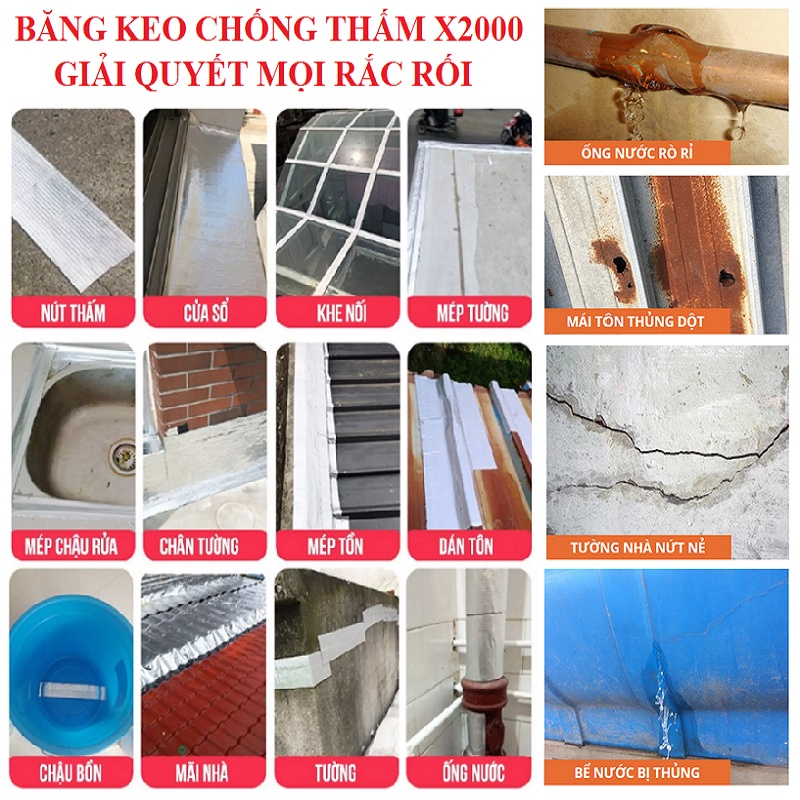Băng keo chống thấm nước siêu dính X2000 Nhật Bản 20cm x 5m - Băng dính chống thấm dột dán tường mái tôn ống nước
