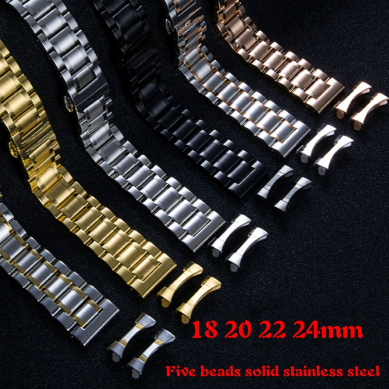 Famous Five beads Exploded Elbow Flat Head Universal Watchband Convenient Solid Stainless Steel strap 18 20 22 24mm