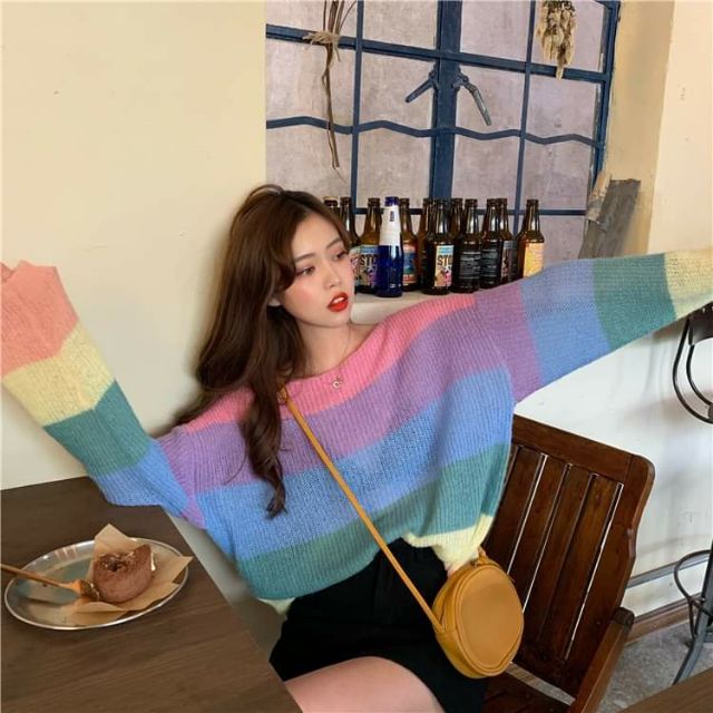 Áo len nữ cầu vồng mỏng dài tay ulzzang | BigBuy360 - bigbuy360.vn