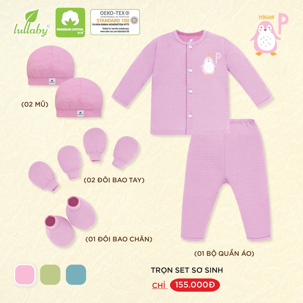 [FAFRINW05 giảm tối đa 30k đơn 150k][Sale] Set sơ sinh Lullaby vân thoáng cho bé(1 bộ + 2 mũ + 2 đôi baotay + bao chân)