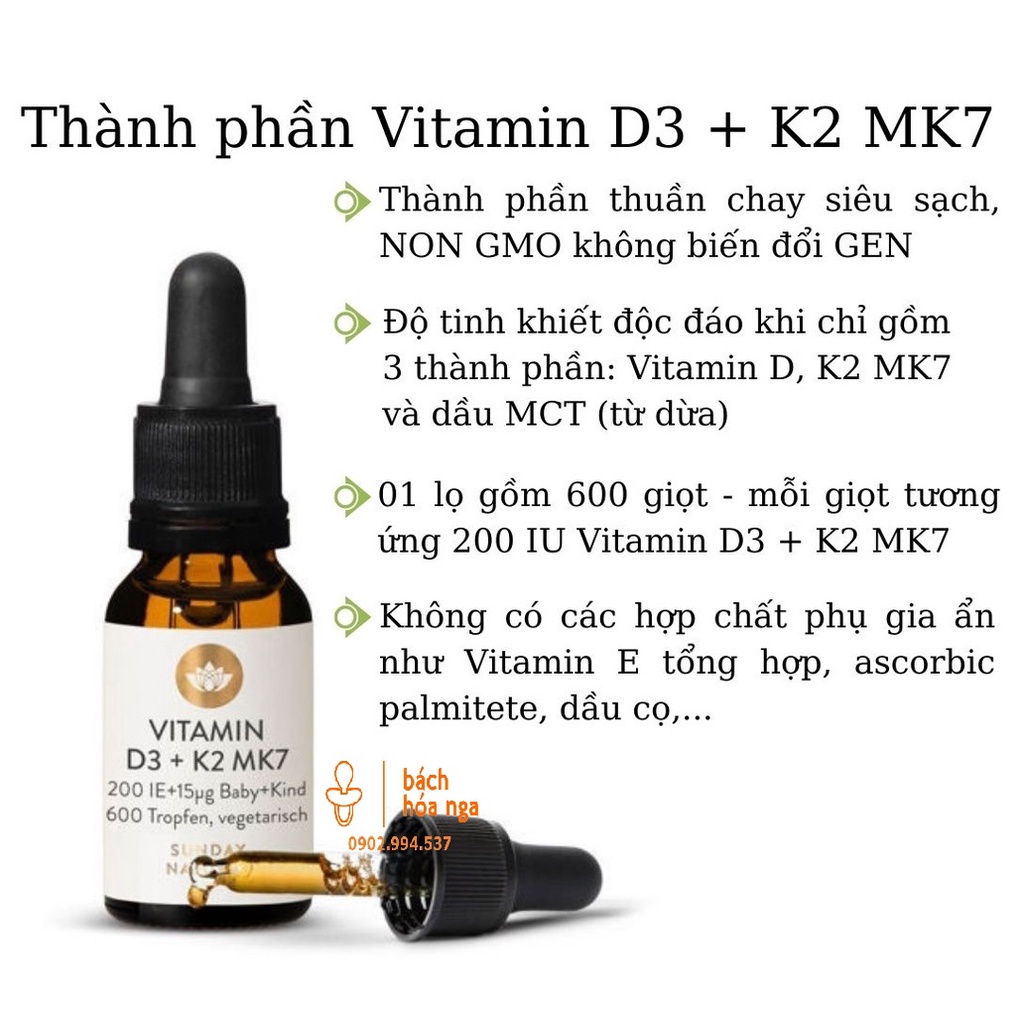 [D3&K2]Vitamin D3 K2 MK7 200IE Sunday Natural chai 20ml