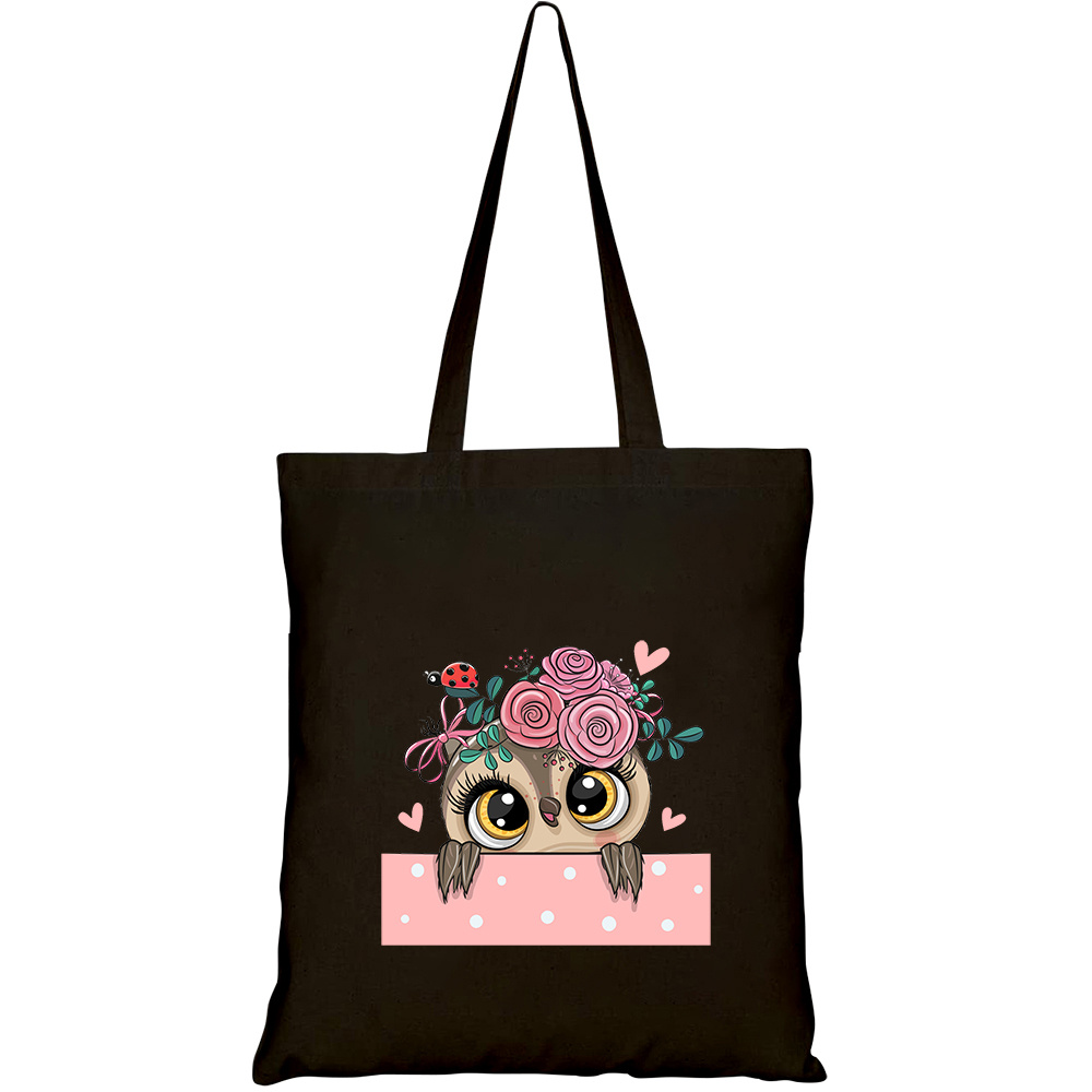 Túi vải tote canvas HTFashion in hình cute cartoon owl flowerson white HT486