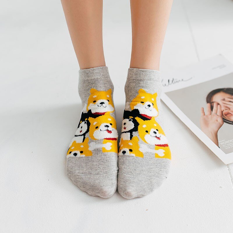 5 Pares Cute Shiba Inu Women Ankle Cotton Socks Japanese Cartoon Dogs Pattern Babae Mga Mag-aaral Kaswal Nakakatawa Masaya Maikling medyas
