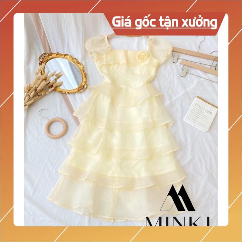 [GIÁ TẬN XƯỞNG] VÁY TẦNG KÈM HOA CÀI ÁO - Chất liệu Tơ Sống Organza- Màu Vàng Trong -  [THIẾT KẾ]