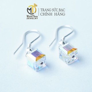 Bông tai nữ bạc đẹp, hoa tai kiểu khuyên đá pha lê vuông bạc 925-Minh Thoa Jewelry