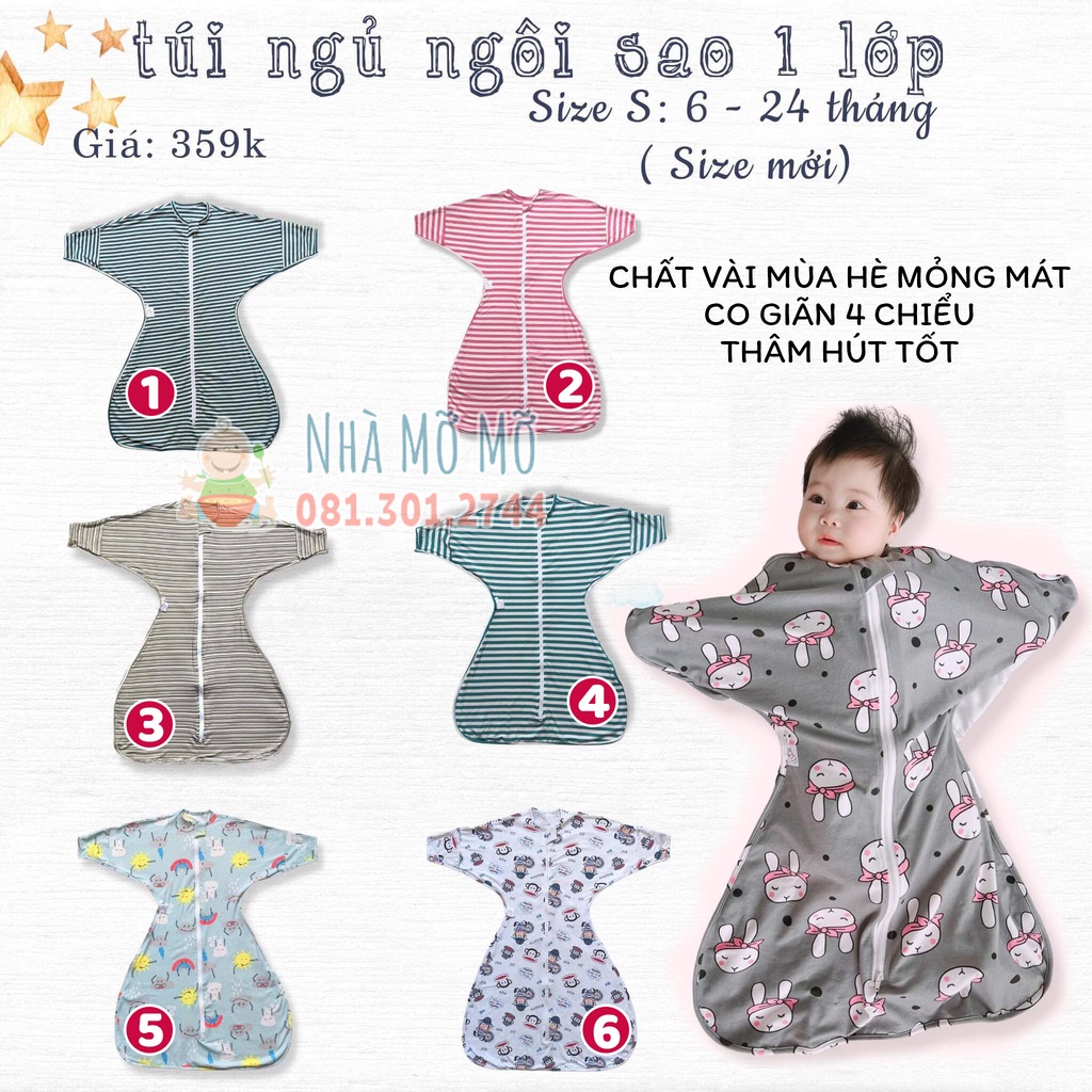 Túi ngủ ngôi sao 1 lớp vải sợi tre mùa hè Quấn Chũn Cocoon Đại Lý Nhà Mỡ Mỡ chính hãng