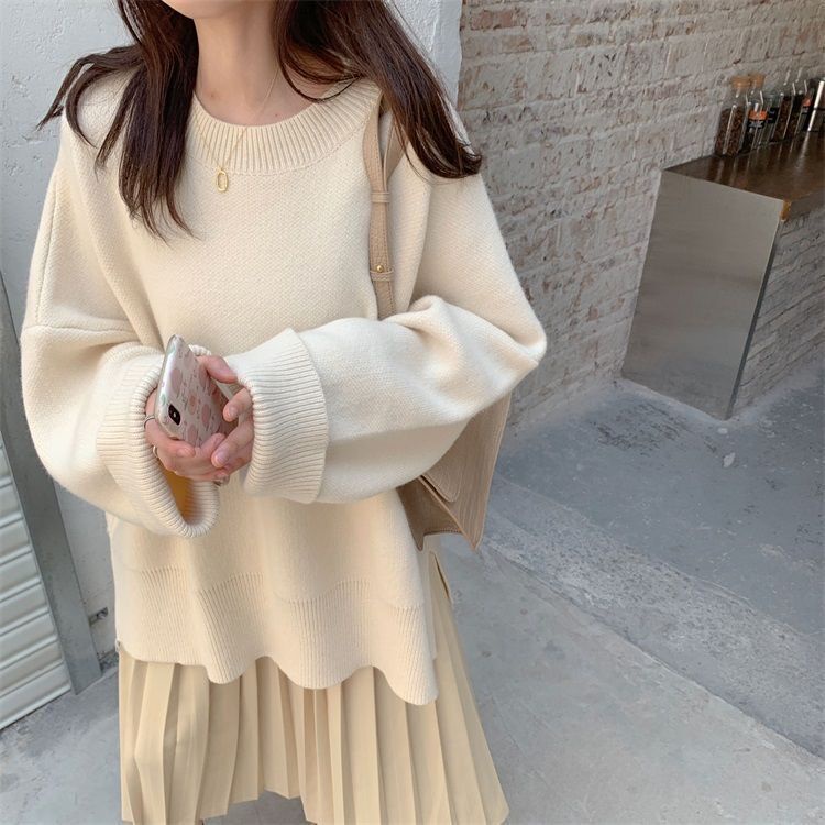Mi Áo Sweater Dệt Kim Màu Trơn Dáng Rộng Xẻ Tà Kiểu Hàn Quốc Thời Trang Thu Đông Cho Nữ