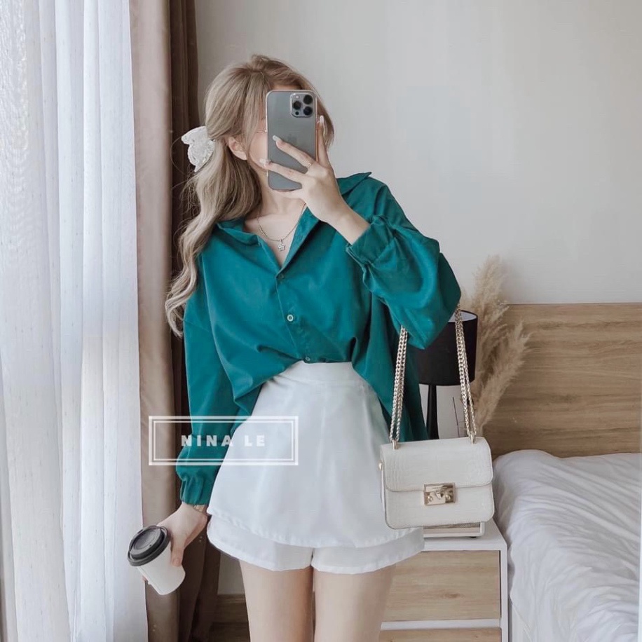 Set sơ mi xanh thụng quần giả váy sét bộ nữ sang chảnh LT516 0322