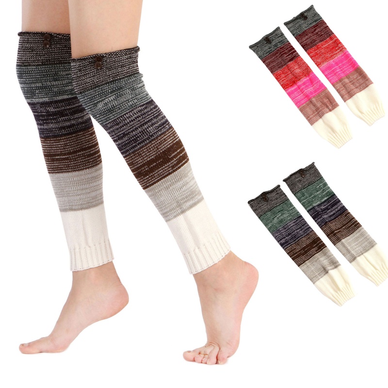 Xiangbao Phụ Nữ Dệt Kim Giữ Ấm Chân Siêu Dài Khâu Nút Màu Sắc Cầu Vồng Trang Trí Giày Bốt