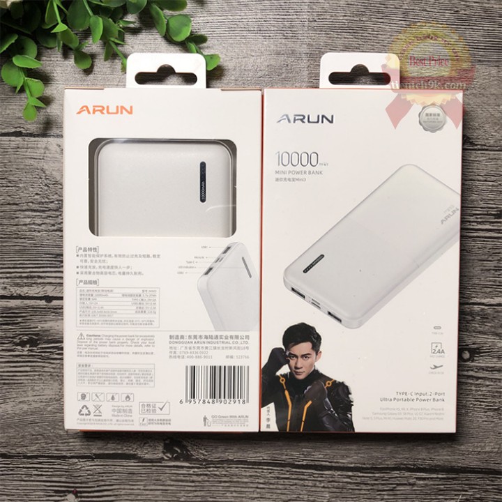 Sạc pin dự phòng 10000mah Arun mini3 Type C Micro USB 2 cổng tiện lợi