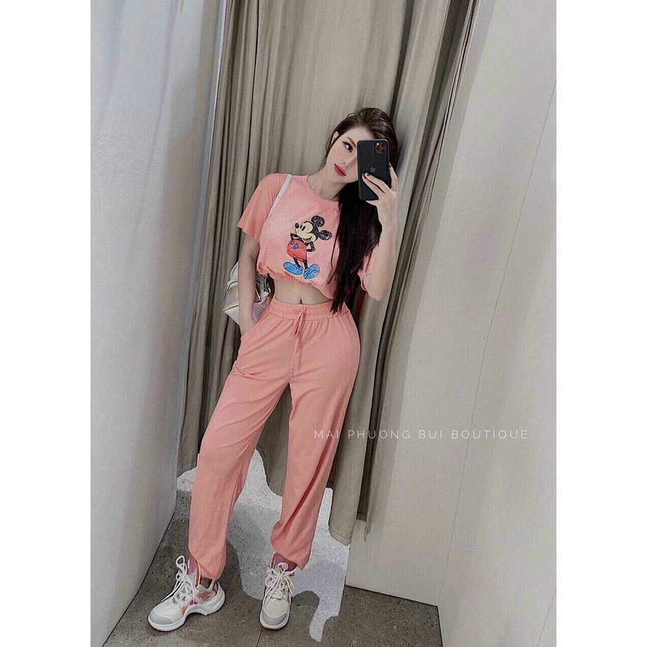 Set bộ da cá in mickey, bộ thun croptop tay ngắn in hình chuột quần ống túm đi chơi cá tính
