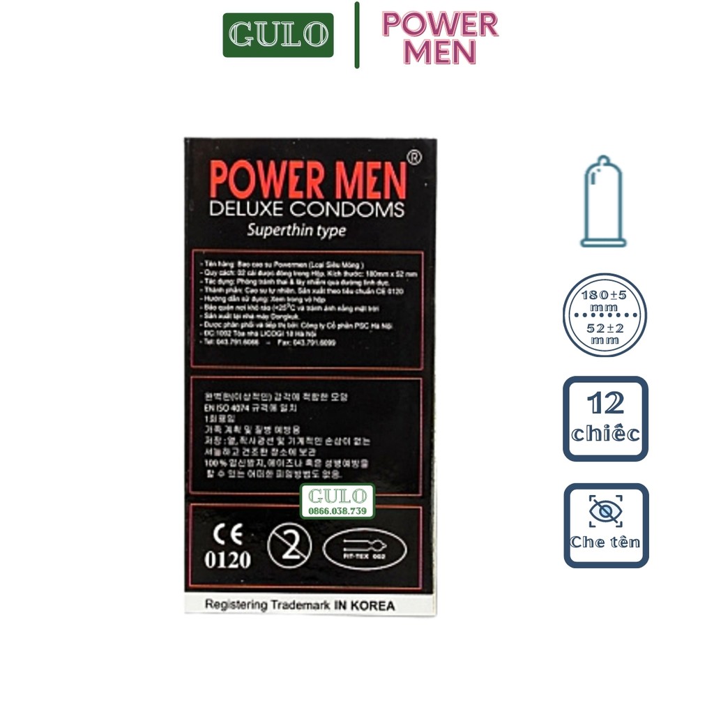 Bao cao su siêu mỏng Power Men Superthin, BCS trơn siêu mỏng truyền nhiệt nhanh- Hộp 12 bao