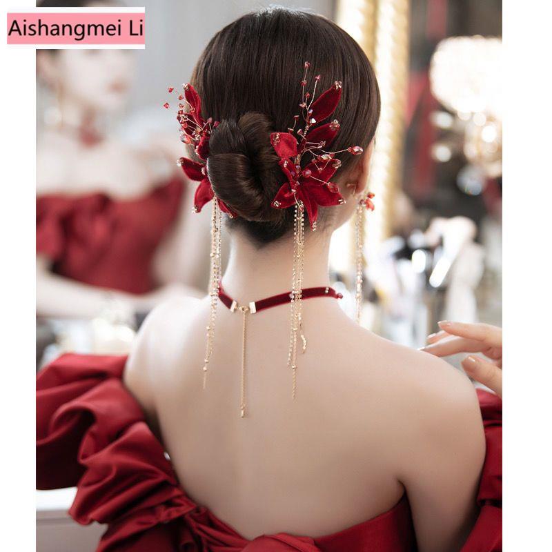 Bộ Kẹp Tóc Đính Hoa Phối Tua Rua Màu Đỏ Đơn Giản Sang Trọng Cho Cô Dâu