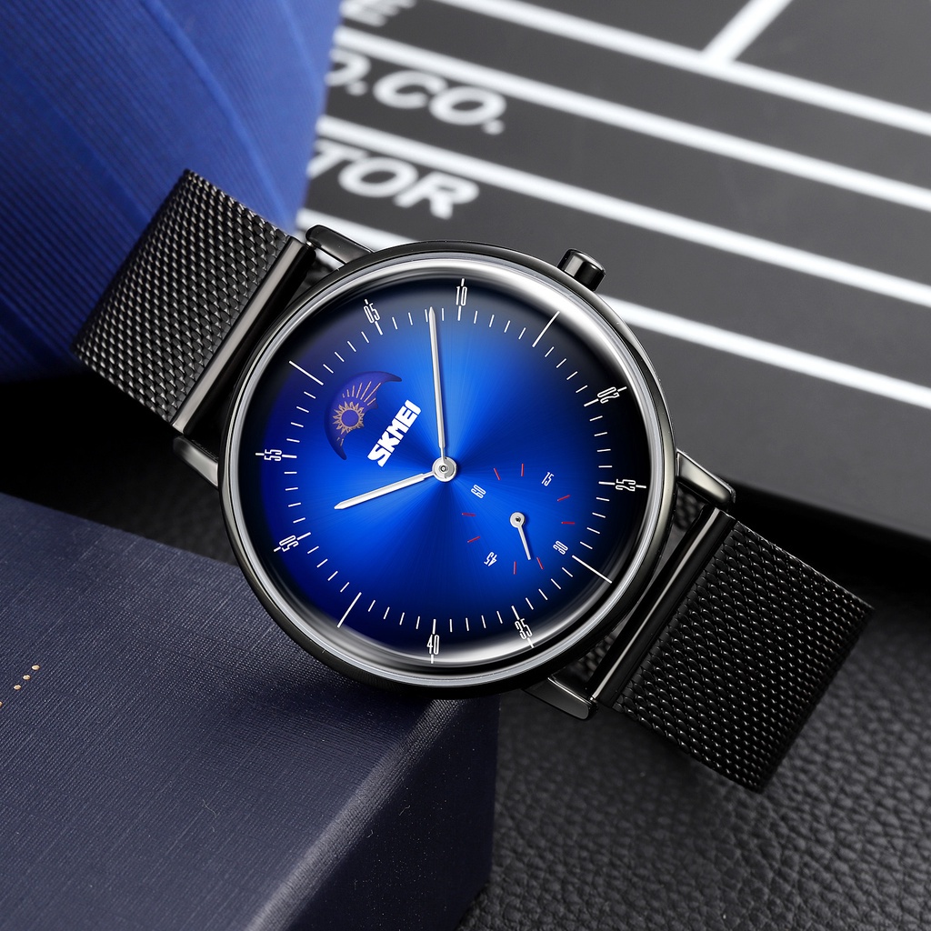 Đồng Hồ Đeo Tay SKMEI 9245 Thiết Kế Mặt Trăng Pha Lê Dây Lưới Thép Không Gỉ Chống Thấm Nước Cho Nam