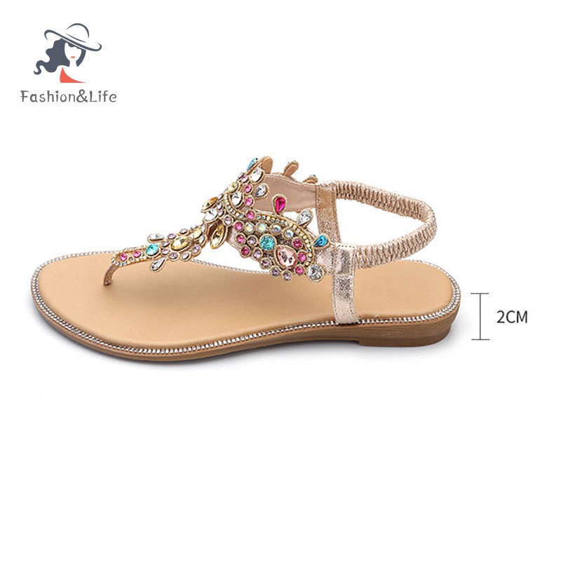 Dép Sandal Xỏ Ngón Đế Bằng Đính Đá Nhiều Màu Cho Nữ