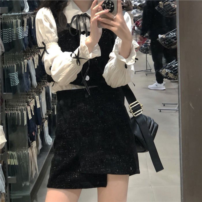 (SẴN FULLSET ĐEN + ÁO SƠ MI SIZE M) Áo sơ mi tay phồng thắt nơ + áo vest gile + chân váy xẻ dành cho nữ