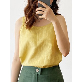 Áo 2 dây basic vàng vải linen tự nhiên