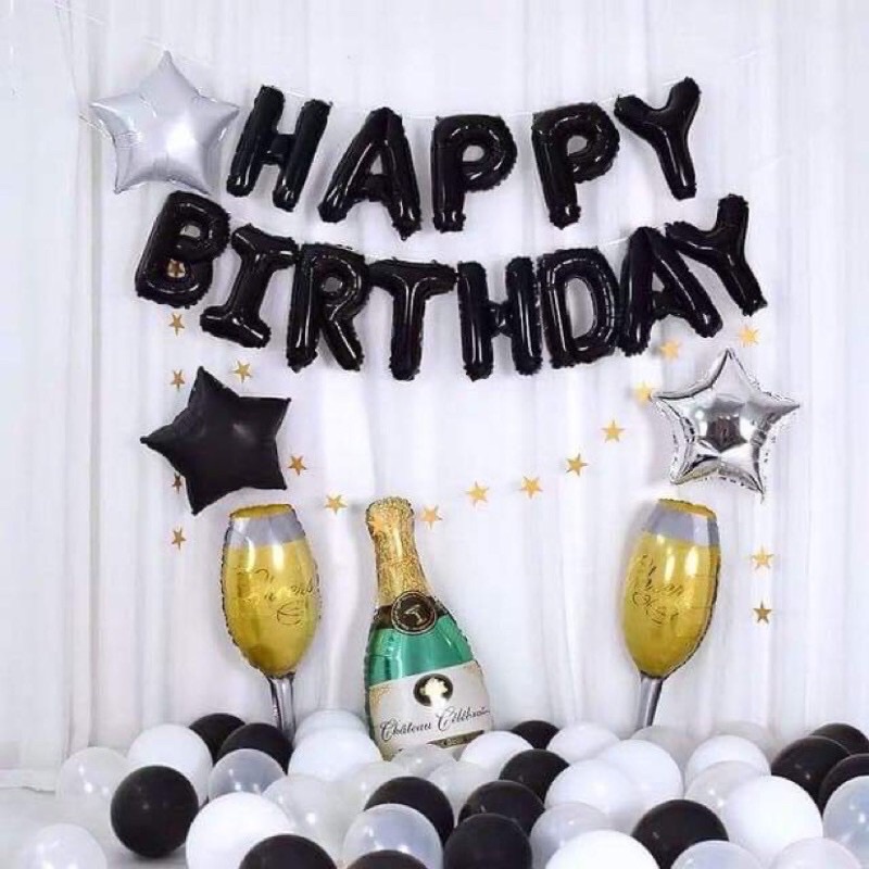 Set bóng Happy birthday trang trí sinh nhật chủ đề đen, trắng