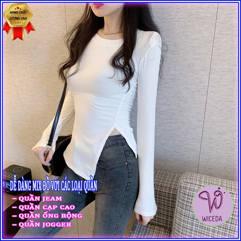 Áo croptop dài tay xẻ tà đẹp , áo thun xinh ôm body chất lụa cotton 2 màu đen trắng Wiceda 352