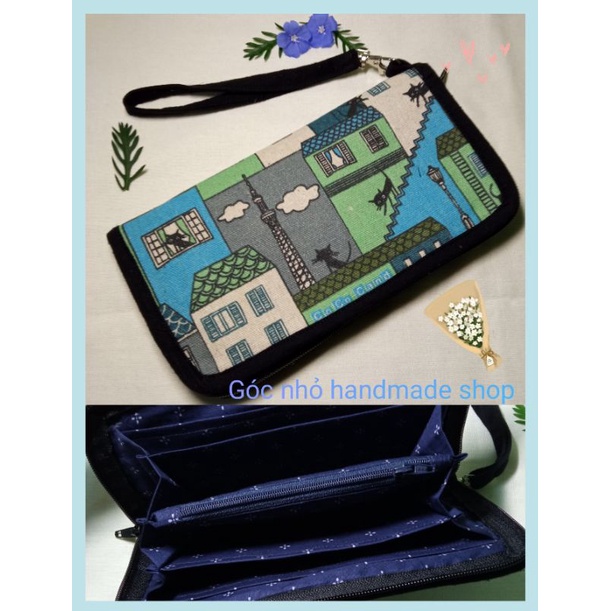 ví cầm tay nữ vải handmade dài, 9 ngăn, đựng được điện thoại.