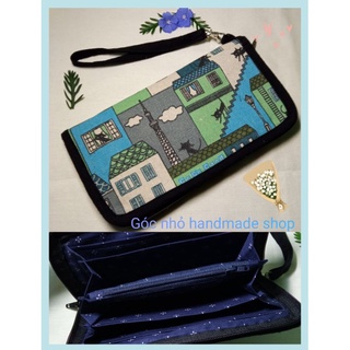 ví cầm tay nữ vải handmade dài, 9 ngăn, đựng được điện thoại.