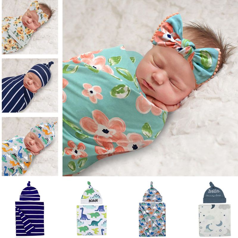 Bộ 2 Món Gồm Chăn + Túi Ngủ + Băng Đô Bằng Cotton Mềm In Hoa Cho Bé Sơ Sinh