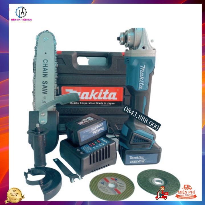 Máy mài pin makita 118V - RUỘT ĐỒNG - KHÔNG CHỔI THAN - TẶNG KÈM 1 LỮA CƯA XÍCH, 1 ĐÁ MÀI, 1 ĐÁ CẮT Cao Cấp