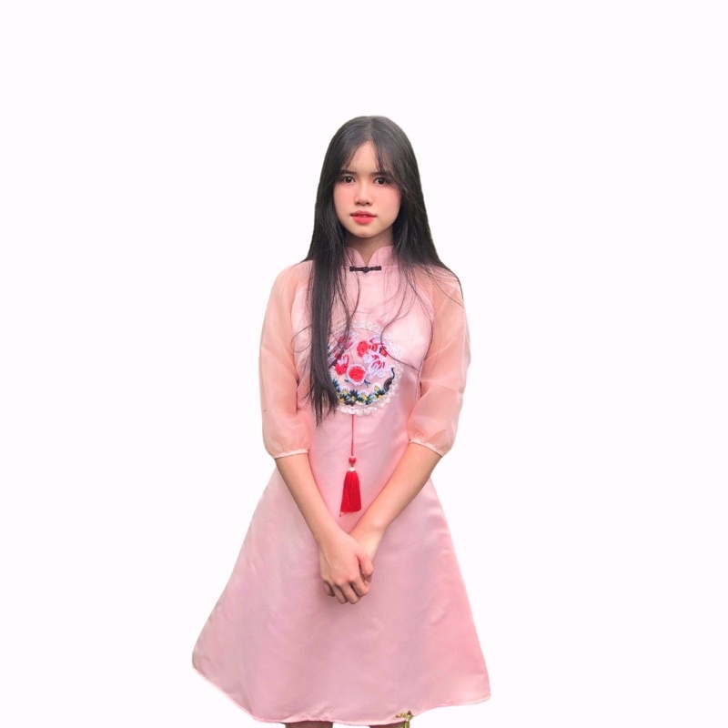 Đầm tết thêu họa tiết 3D cổ tàu phối tay lưới bồng bềnh xinh xắn thời trang tết [ TẾT 3D]