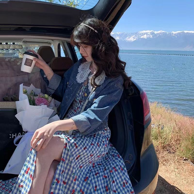 Đầm Tay Ngắn Phồng Cổ Vuông Họa Tiết Hoa Phong Cách Retro Pháp Mới Cho Nữ