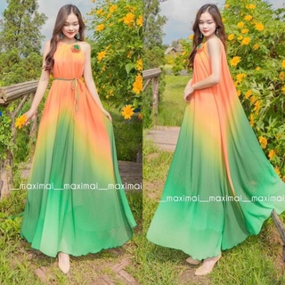 Đầm maxi loang màu cột eo