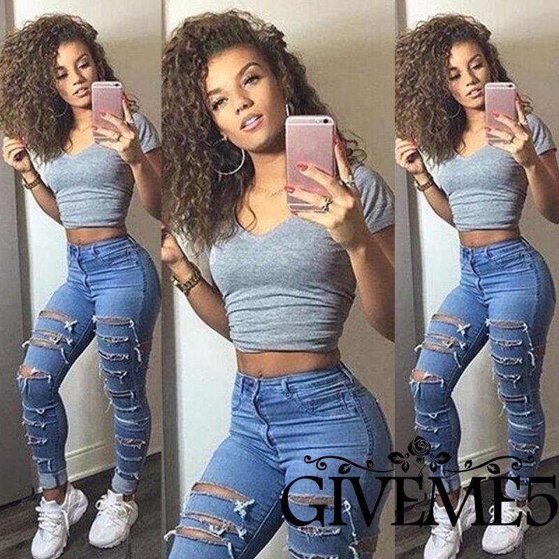 Quần jeans nữ lưng cao dạng rách
