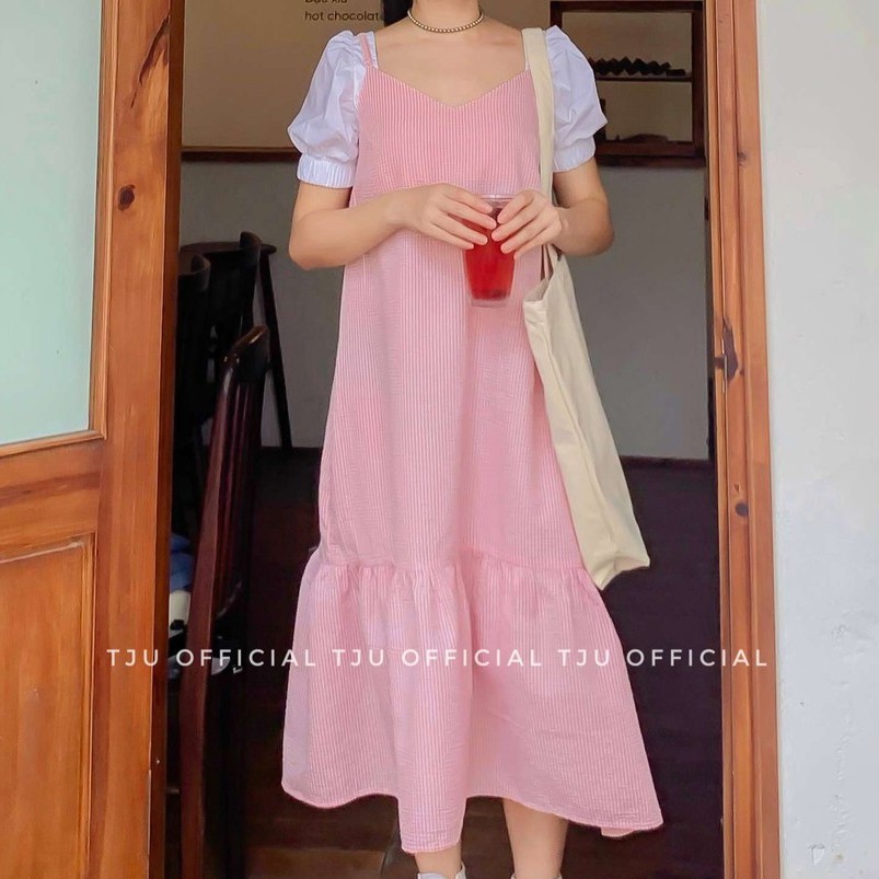Váy/Đầm 2 dây dáng dài cổ V đẹp, đầm babydoll caro bèo gấu, màu hồng freesize, ulzzang Hàn Quốc, thiết kế T-Ju(váy Baby)