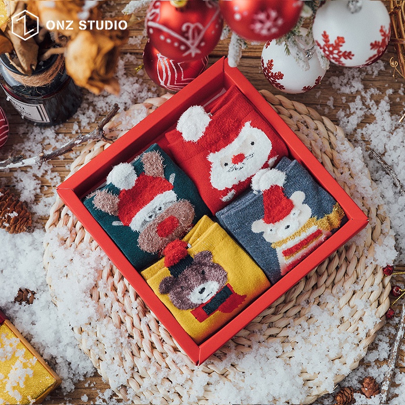 [Mã FAMARAL1 giảm 10K đơn 50K]Vớ cotton ONZ Studio - SET 4 - Tất chân nam nữ cổ cao mềm mịn co giãn Giáng sinh Noel TA07