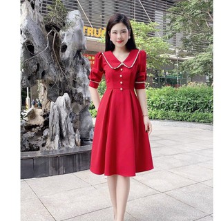 Đầm Xòe Viền Trắng Tay Phồng Cườm Ngọc Trai Màu Đỏ Trẻ Trung, Phù Hợp Đi Dự Tiệc Dạo Phố Thời Trang Nữ - Winchois