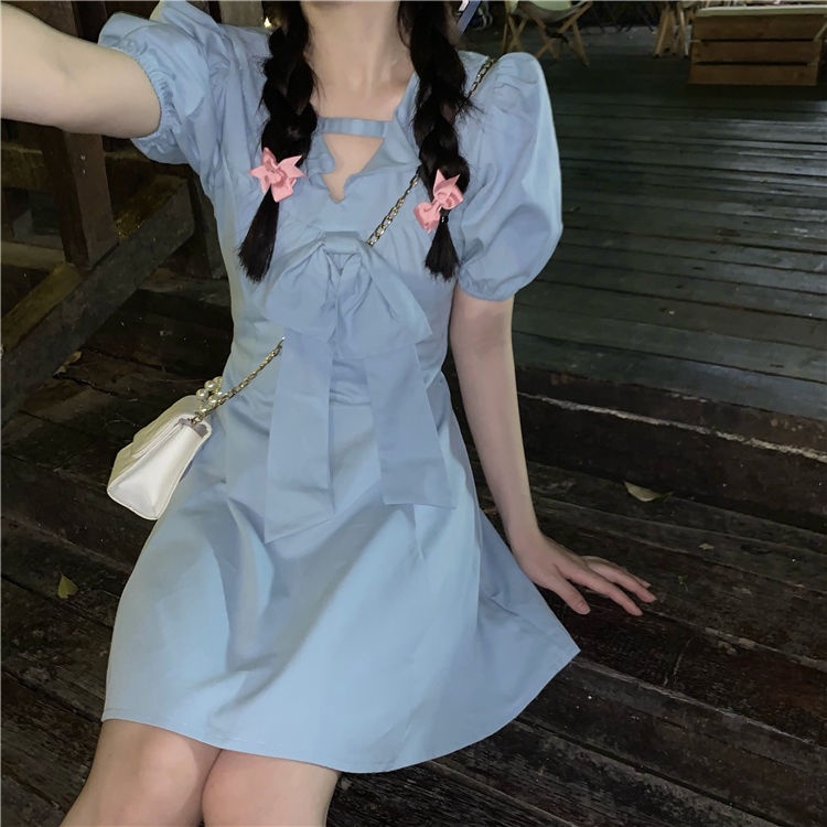 AMOI Đầm Tay Phồng Cổ Chữ V Màu Trơn Dễ Thương Dành Cho Nữ 2022