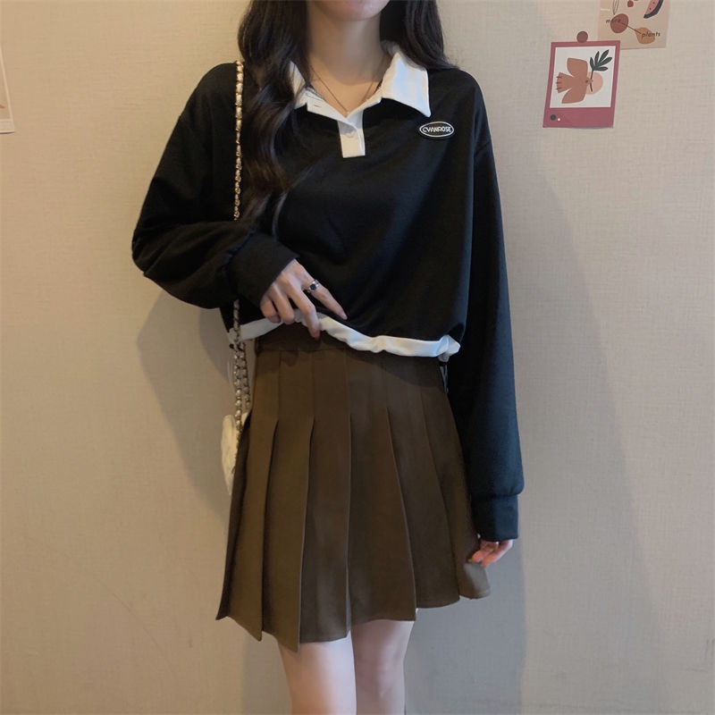 COZOK Áo Thun Sweater Tay Dài Cổ Polo Phối Dây Rút Cá Tính