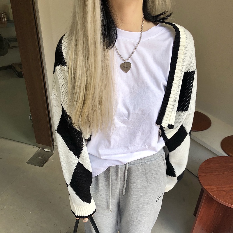 Áo khoác cardigan dài tay họa tiết sọc caro phong cách mới 46140