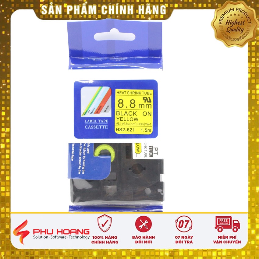 Ống Co Nhiệt HS2-621, chữ đen trên nền vàng, kích thước 8.8mm * 1.5M, máy in nhãn Brother P-Touch, Phu Hoang Company