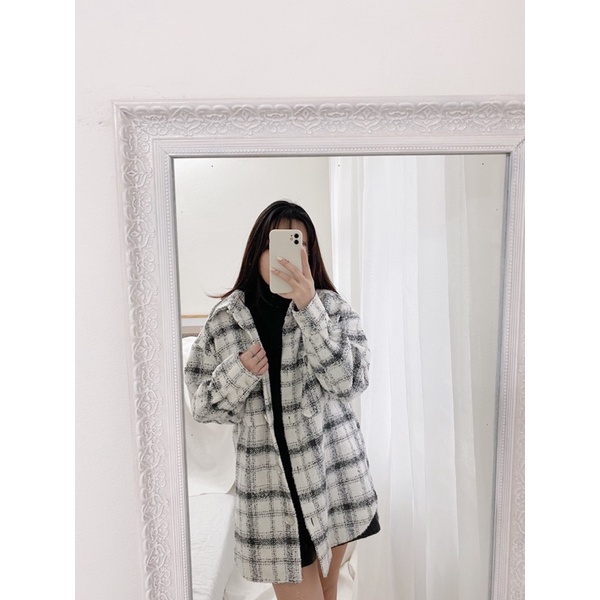 Khoác Sơmi Dạ Tweed Kẻ Trắng