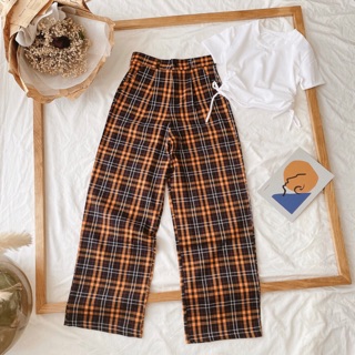 🌵SET QUẦN SUÔNG CARO + ÁO TRẮNG CROP RÚT DÂY🌵