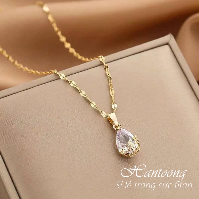 Vòng cổ titan nữ không gỉ dây chuyền titan mặt hình giọt nước pha lê long lanh thời trang thanh lịch