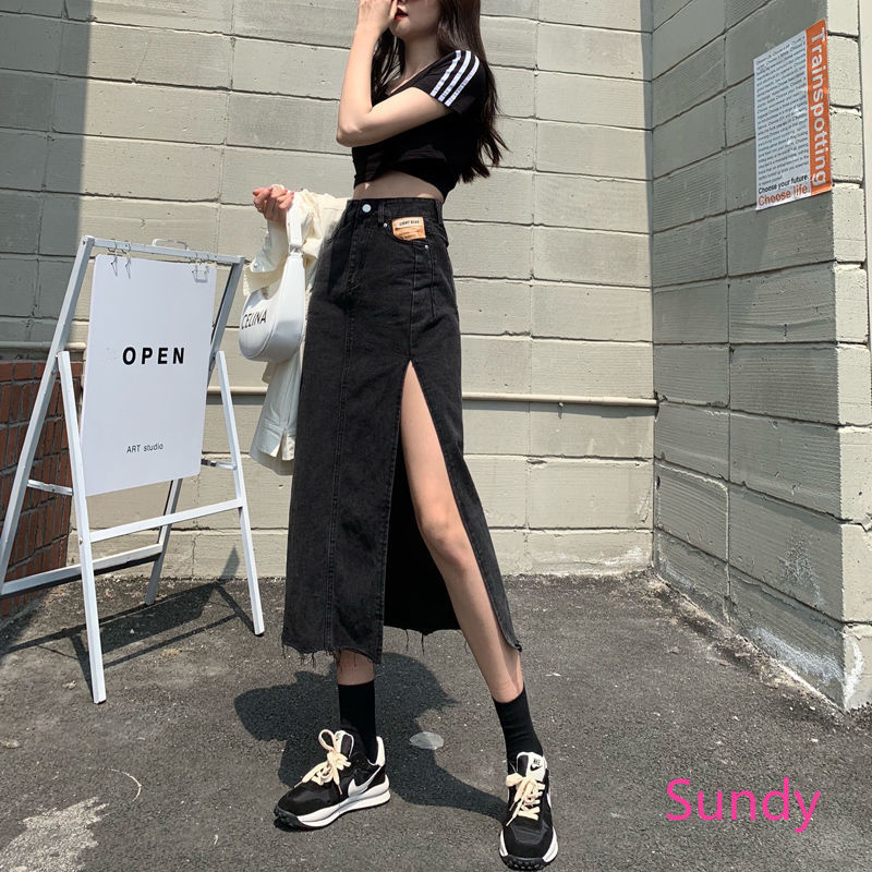Chân váy jean chữ A lưng cao xẻ tà thời trang mùa hè dành cho nữ