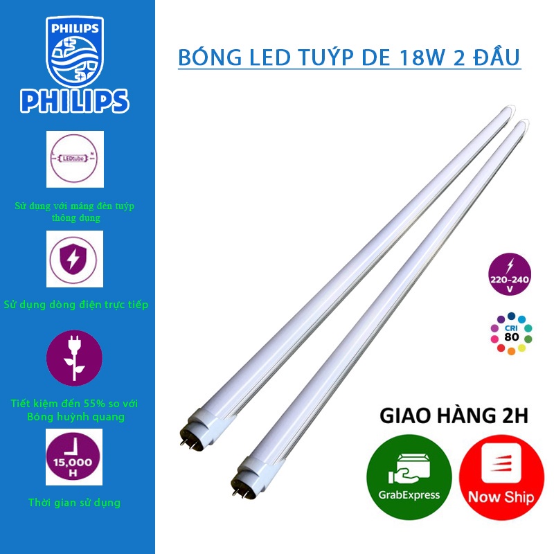 ☁Bóng Tuýp Led 1m2 PHILIPS DE 18W Dùng Điện 2 Đầu Ánh Sáng Trắng Bảo Hành 1 Năm (1 Đổi 1)