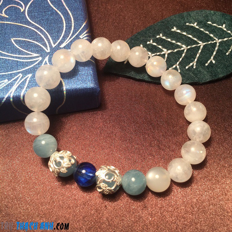 Vòng tay đá mặt trăng mix đá kyanite và đá aquamarin