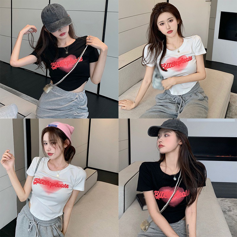 Áo Thun Lửng Tay Ngắn Cổ Tròn In Chữ Phong Cách Hàn Quốc Dành Cho Nữ