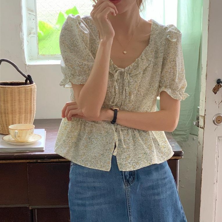 Áo Sơ Mi Nữ Tay Ngắn Xếp Nếp In Hoa Phong Cách Mới Mùa Hè 53217